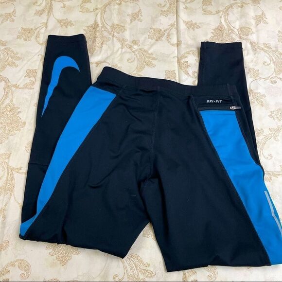Nike dri-fit cropped running tights black and blue with reflective details MED - Picture 1 of 11